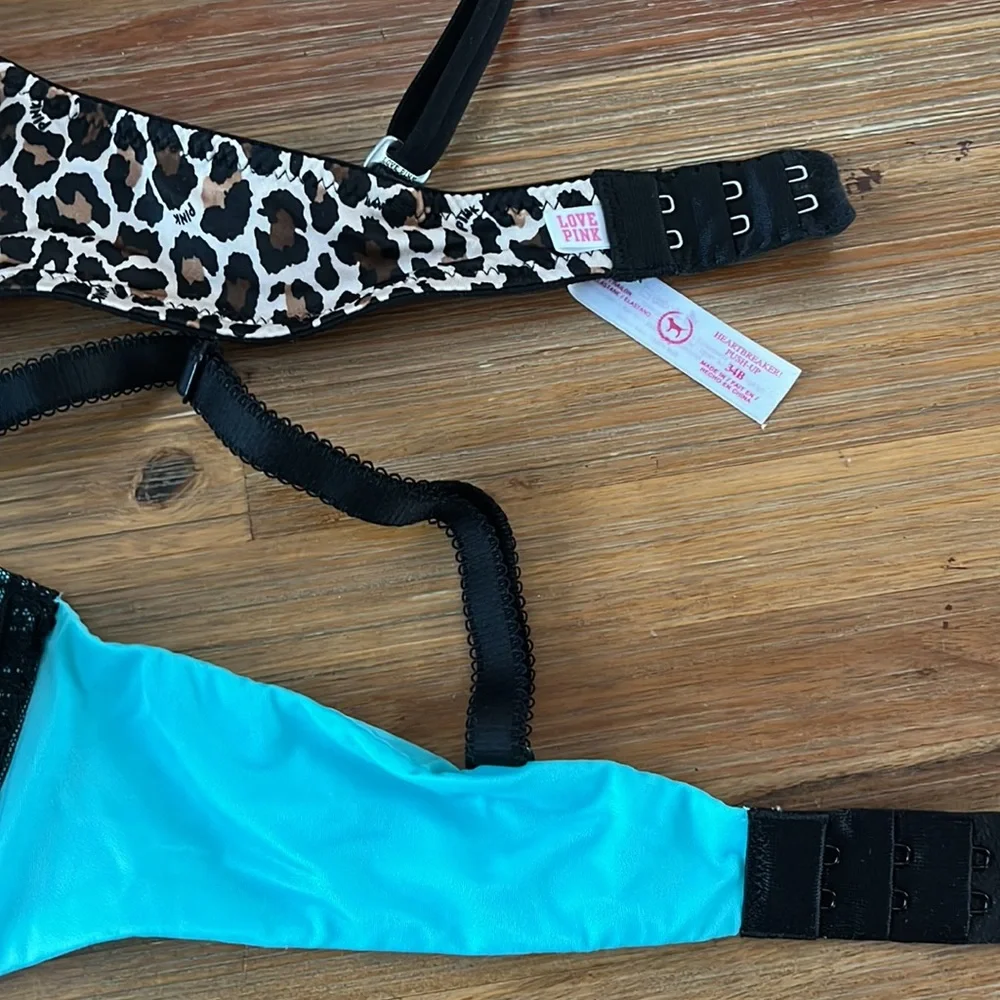 EUC Victorias Secret Leopard Blue Laced Push Up Bras 34B - Picture 4 of 7